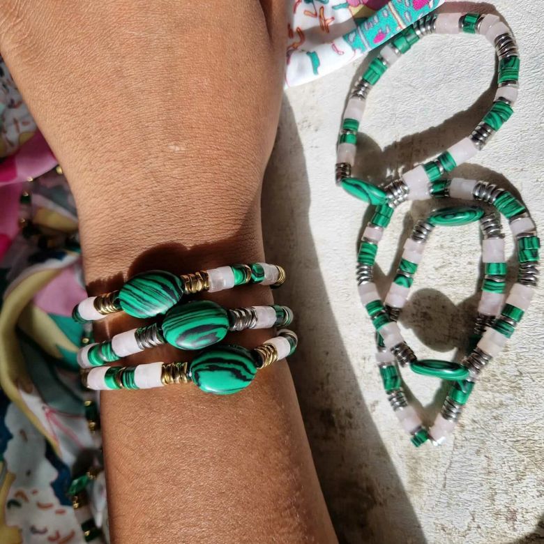 Bracelet en pierres naturelles malachite, quartz rose et hématite , finition or ou argent