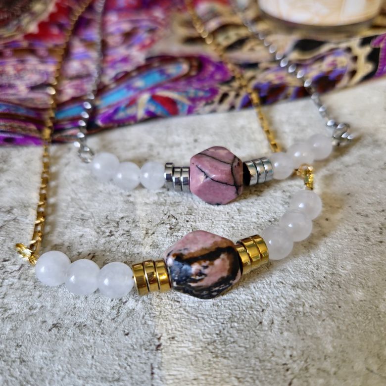 collier ras du coup fait main en acier inoxydable or ou argent et pierre naturelle de jade blanc et rhodonite