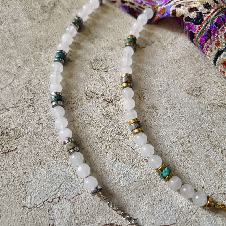 bracelet unisexe fait main en Jade, pyrite, hématite sur fil d'acier inoxydable