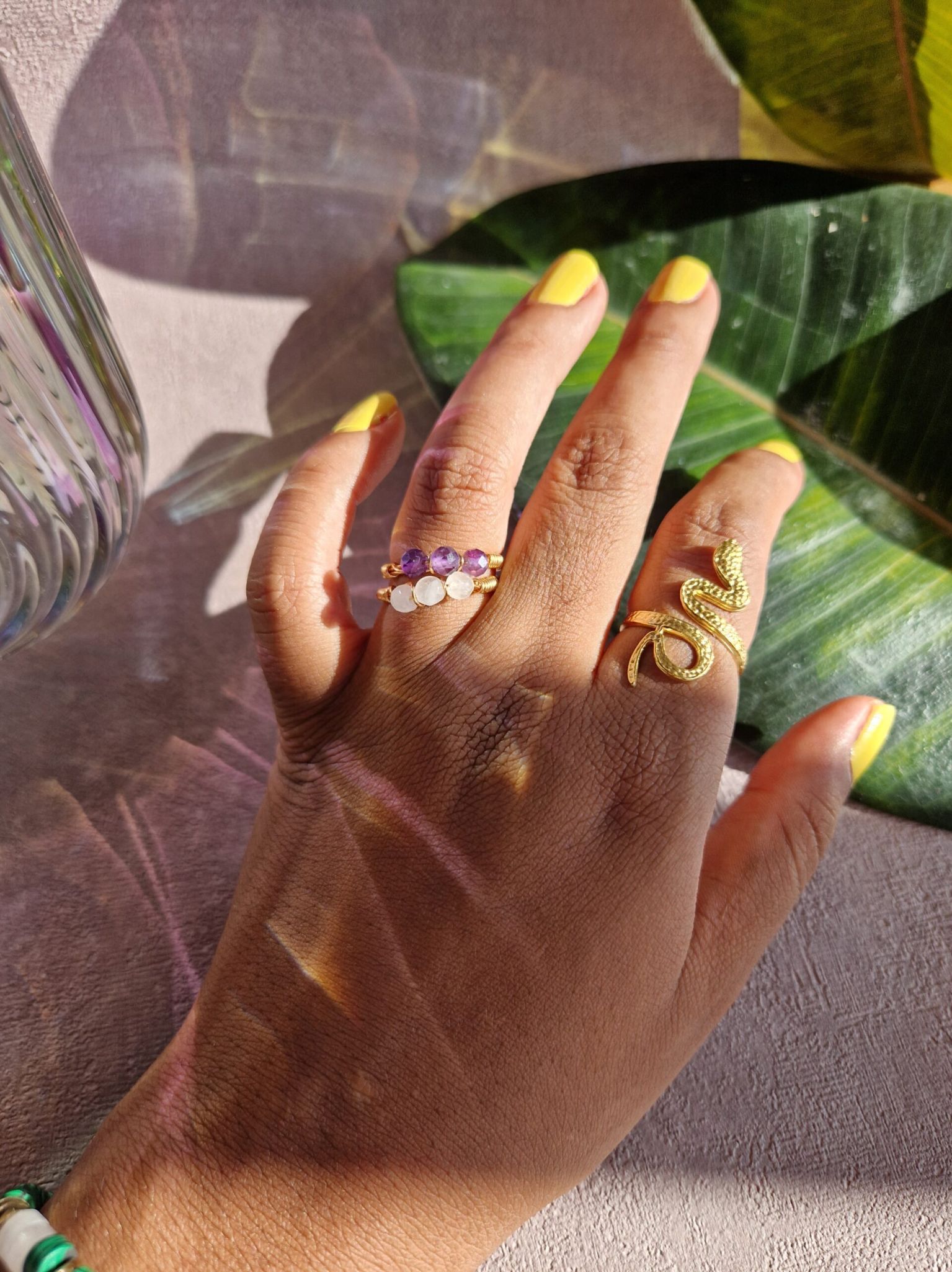 bague serpent en acier inoxydable couleur or ou argent et bague en pierres naturelles plaqué or