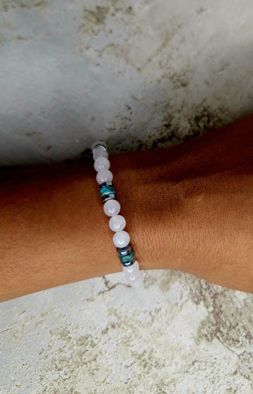 bracelet unisexe fait main en Jade, pyrite, hématite sur fil d'acier inoxydable
