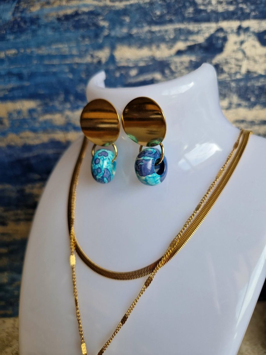 boucles d'oreilles en acier inoxydable doré et pierres semi-précieuses de Jade blanc