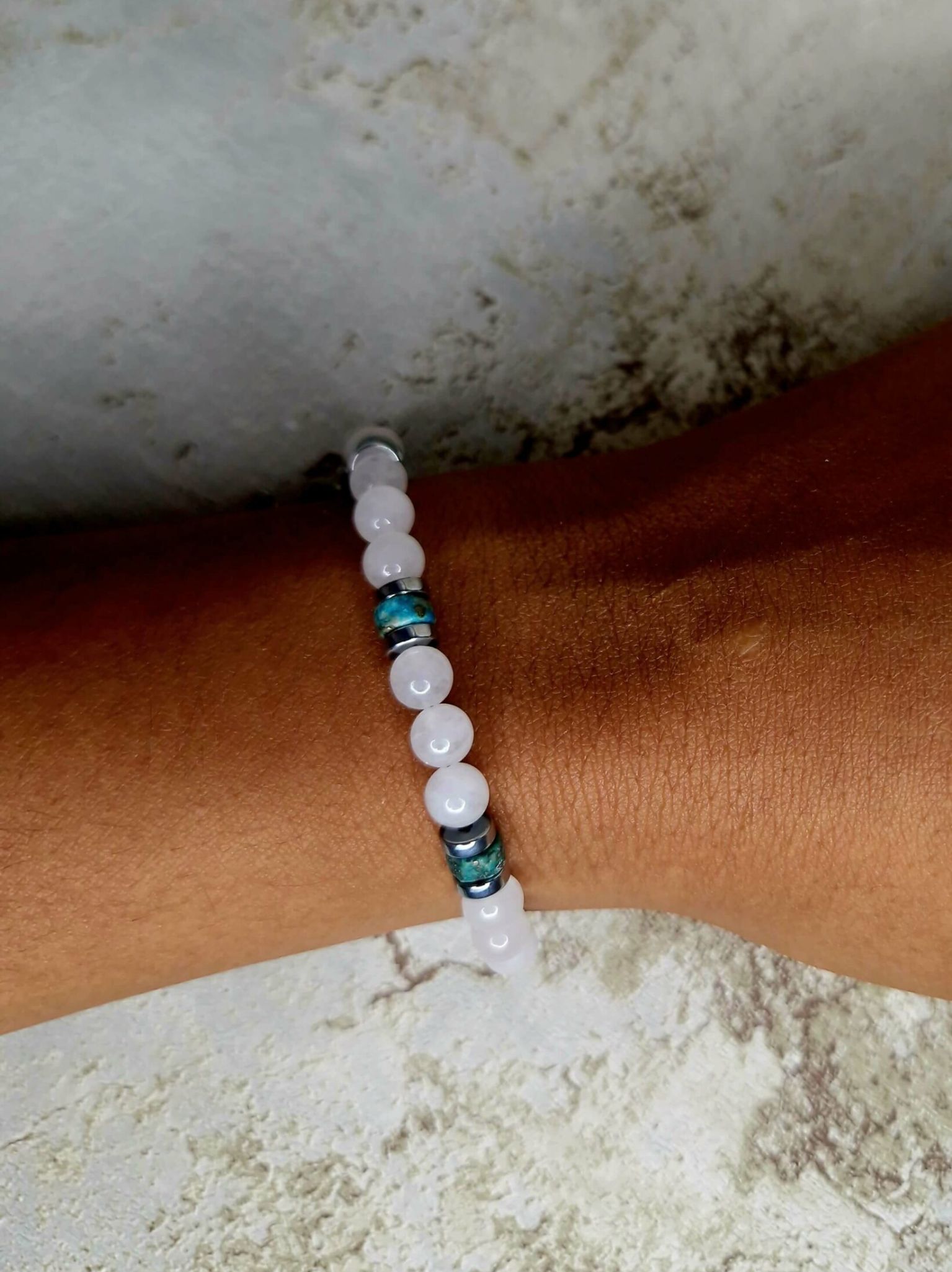 bracelet unisexe fait main en Jade, pyrite, hématite sur fil d'acier inoxydable