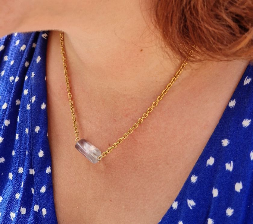 collier ras du coup fait main en acier inoxydable or ou argent et pierre naturelle de fluorite