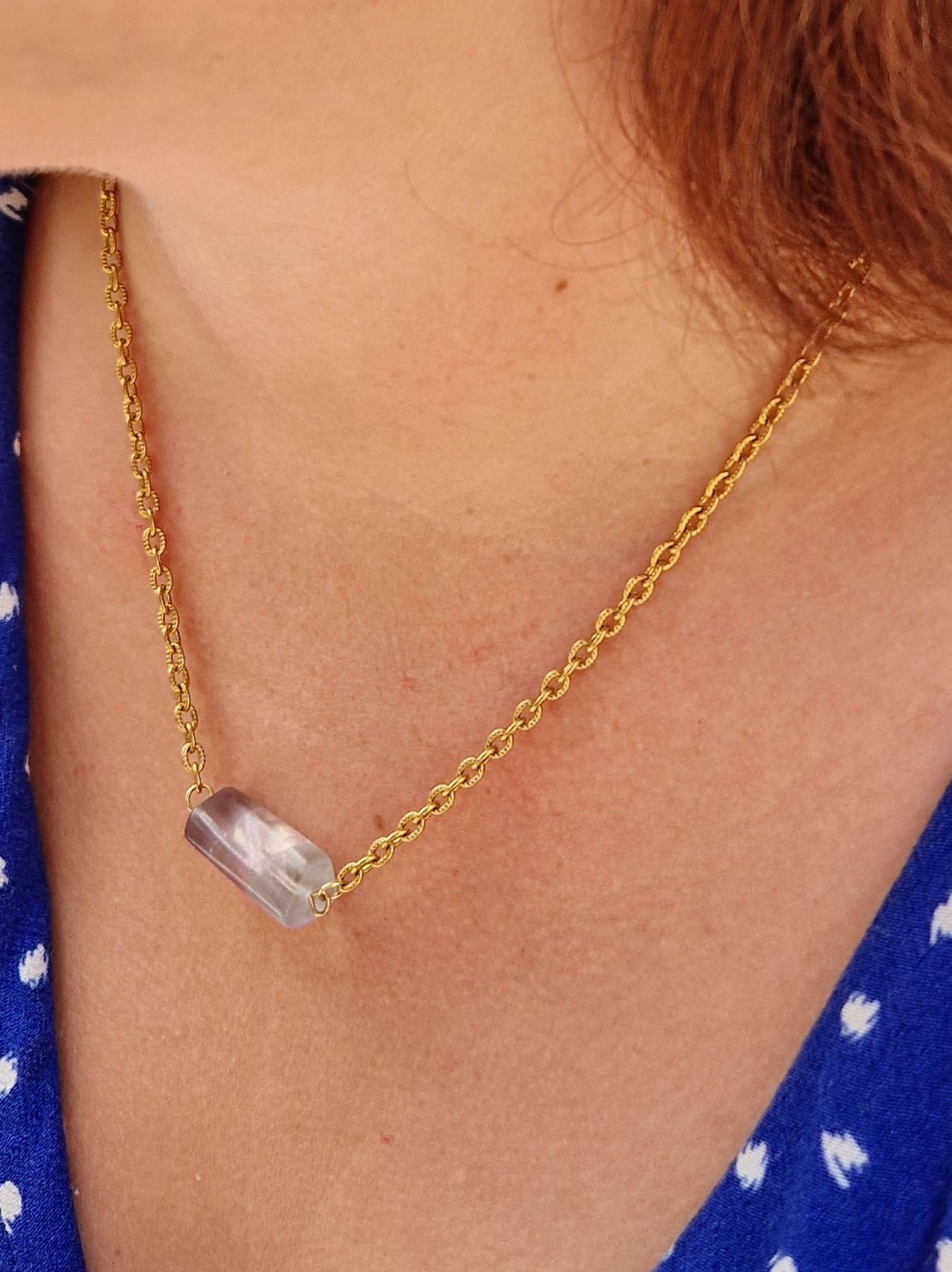 collier ras du coup fait main en acier inoxydable or ou argent et pierre naturelle de fluorite