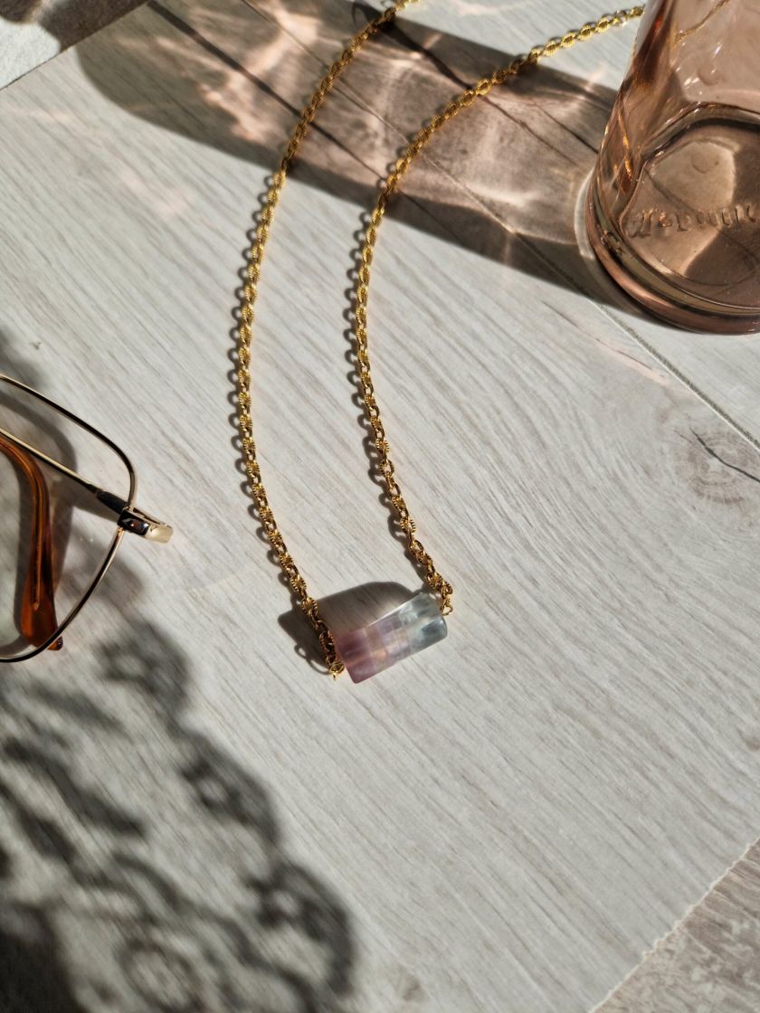 collier ras du coup fait main en acier inoxydable or ou argent et pierre naturelle de fluorite