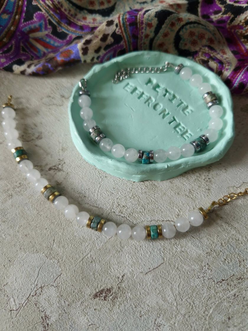 bracelet unisexe fait main en pierres naturelles Jade, pyrite, hématite sur fil d'acier inoxydable
