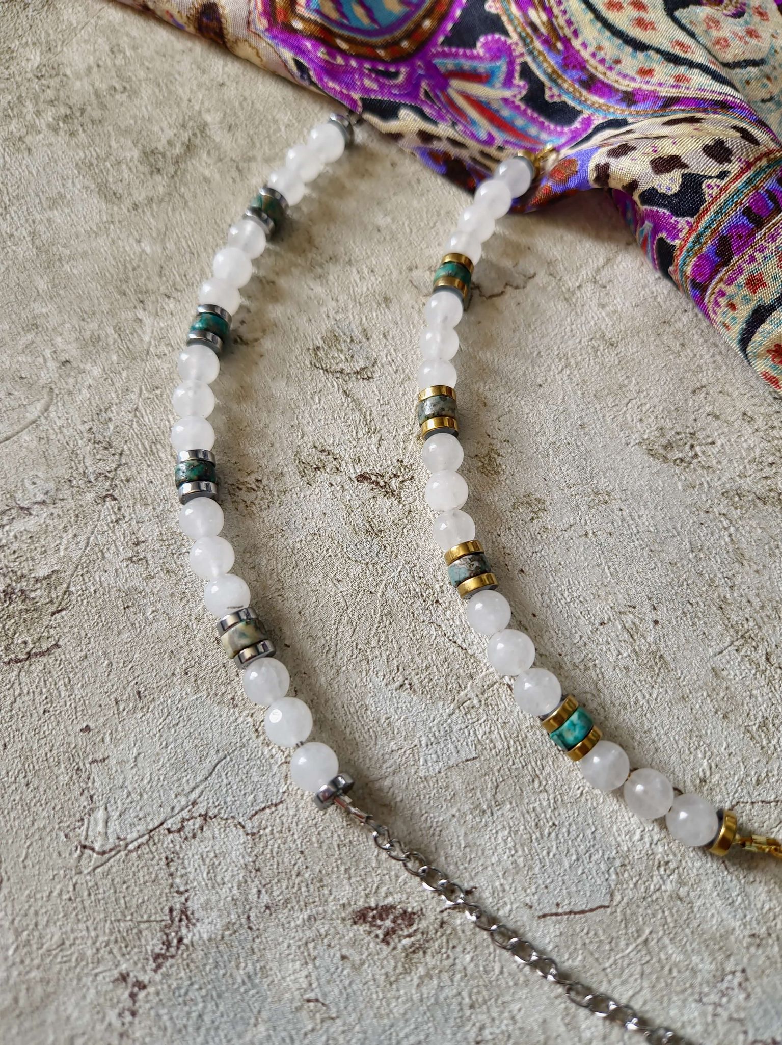 bracelet unisexe fait main en Jade, pyrite, hématite sur fil d'acier inoxydable